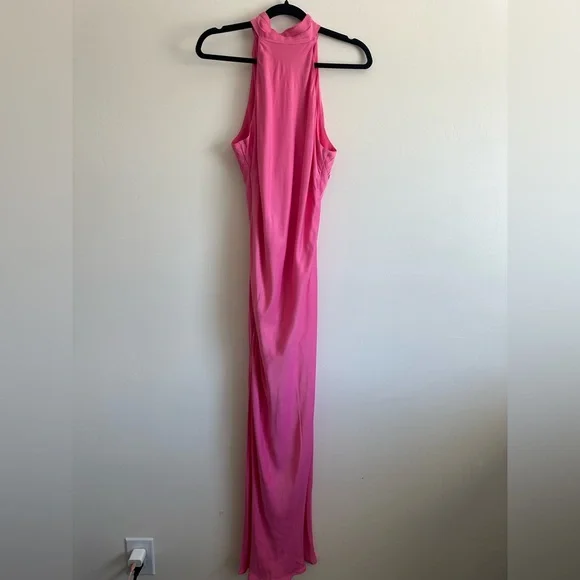 NWT Meshki Claire Satin Drape Back Maxi Dress with Split - Pink Size XL - Picture 3 of 8
